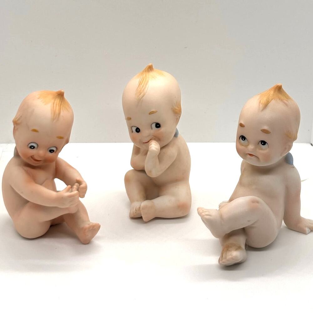 3 Vintage 1960's Lefton Kewpie Dolls, Bisque Figurines, Excellent Condition